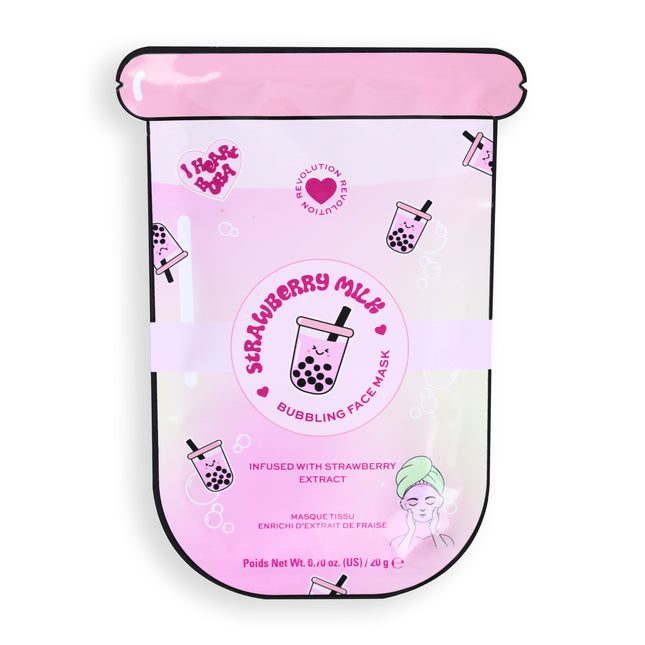 I Heart Revolution Bubble Tea Strawberry Milk Bubble Sheet Mask Strawberry Pink