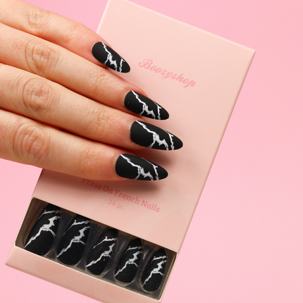 Boozyshop Press On French Nails Black Marble